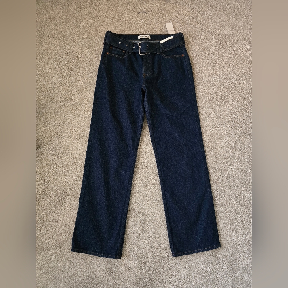 NWT Abercrombie & Fitch Low Rise Baggy Deep Indigo Belted Jeans Sz 28